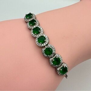 New Silver Plated Green Cubic Zirconia Halo Tennis Adjustable Slider Bracelet